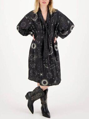 Me369 Adalynn Celestial Print Tie Neck Dress Black Magic Size S
